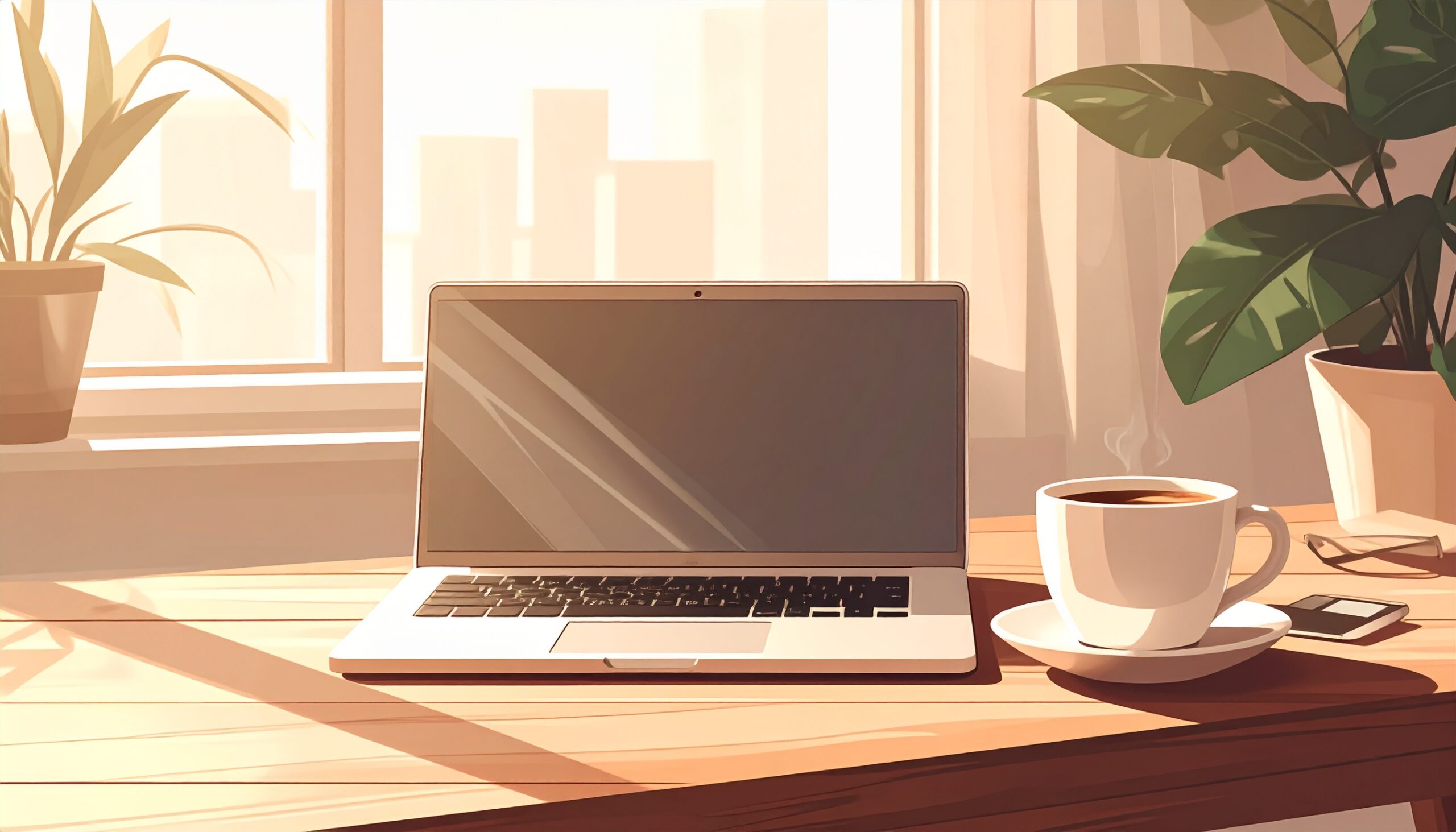 Adobe Fireflyの無料版で生成した、木製デスクとノートパソコン、コーヒーカップのフラットイラスト