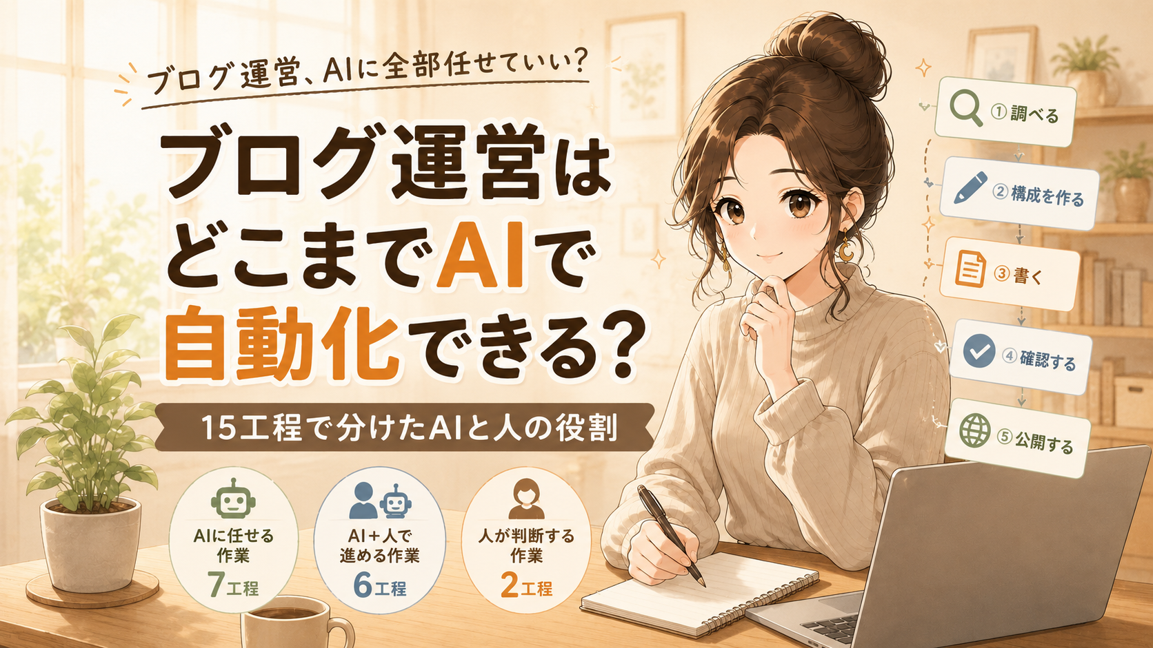 「ブログ運営はどこまでAIで自動化できる?15工程で分けたAIと人の役割」のアイキャッチ画像、①調べる〜⑤公開するの5ステップとAI中心7工程・AI+人6工程・人が判断2工程の内訳