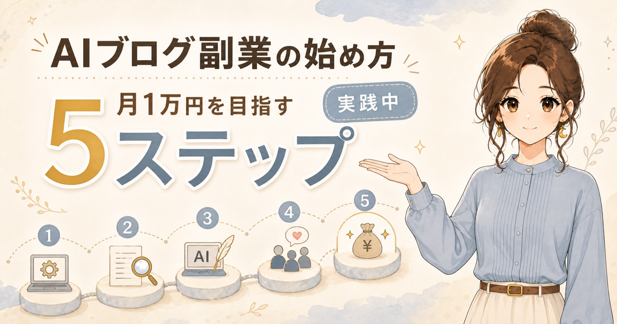 「AIブログ副業の始め方|初心者が月1万円を目指す5ステップ」のアイキャッチ画像