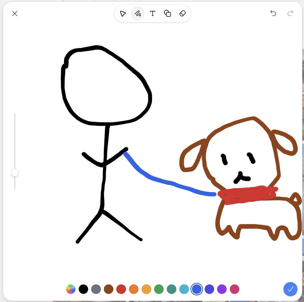 ChatGPTのSketch機能で描いた、棒人間と犬、青いリードと赤い首輪の落書き