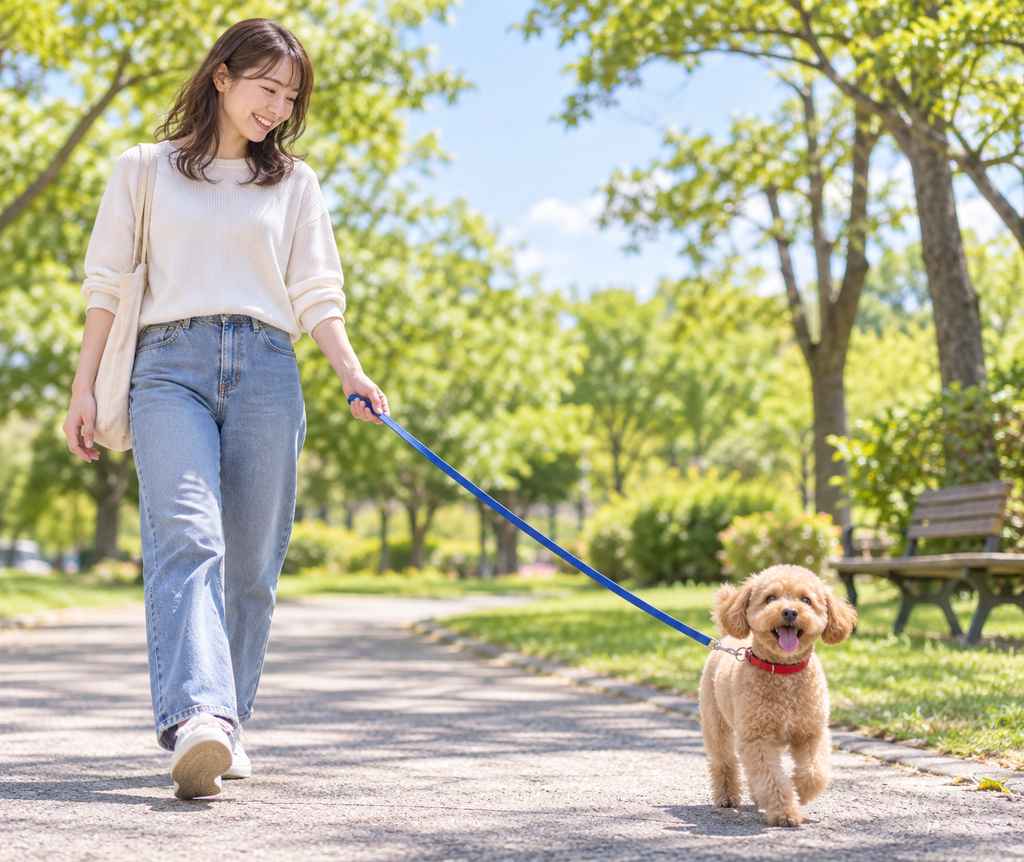 落書きから生成された、公園で青いリードのトイプードルを散歩させる女性の写真風画像