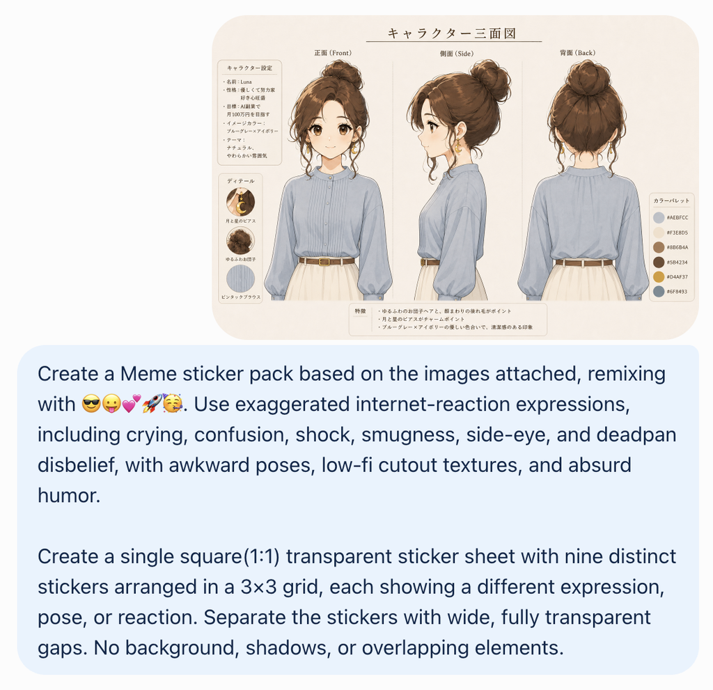 キャラクターの三面図と、ステッカーパックを作る英語プロンプトを入力したChatGPTの画面