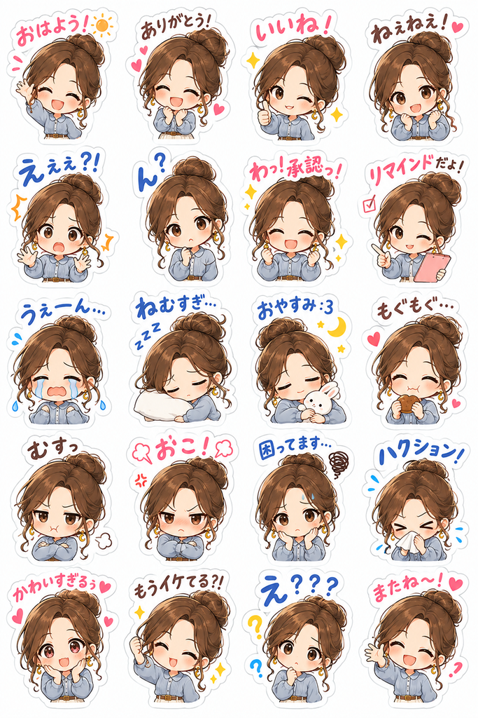 「おはよう!」「ハクション!」など日本語入りのちびキャラスタンプが20種並んだシート