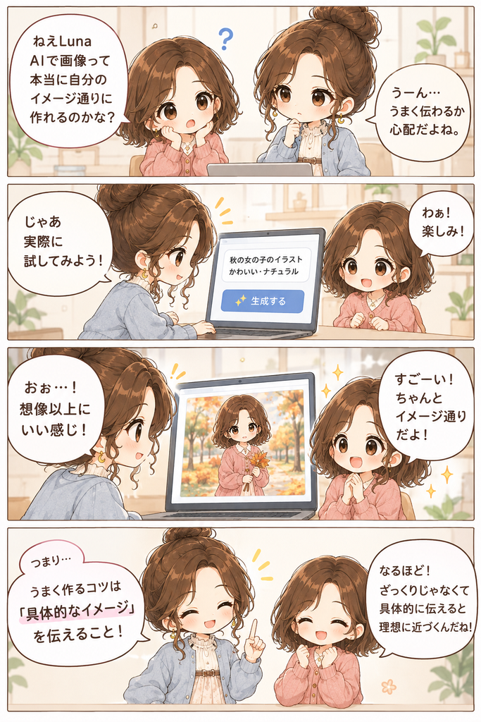 ルナとゆいが画像生成を試す様子を描いた、日本語セリフ入りの縦4コマ漫画