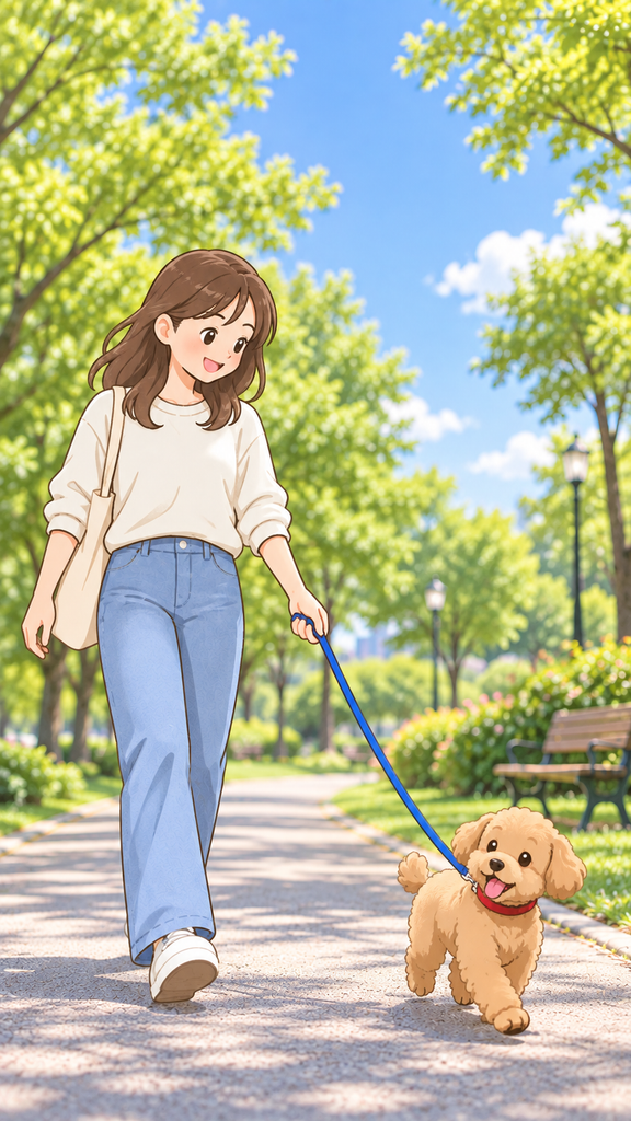 9:16の縦長に変換され、空や街灯が描き足された散歩イラスト