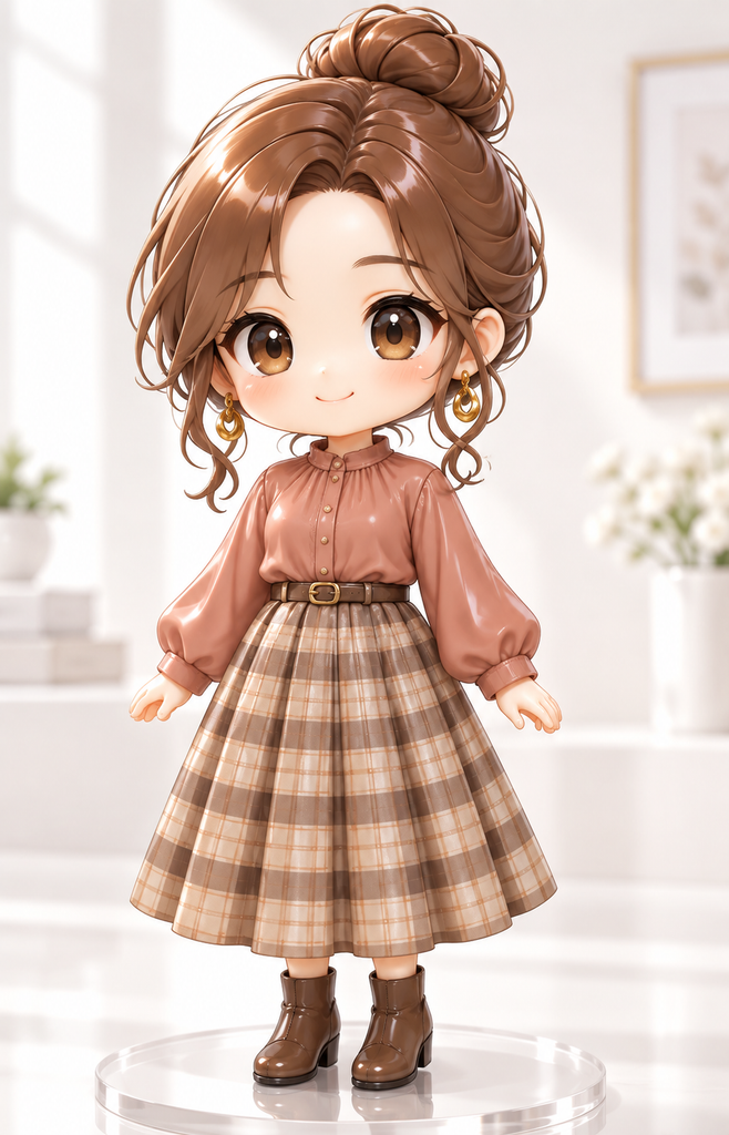 キャラクター設定シートから生成した、チェック柄スカートのちびキャラ風3Dフィギュア