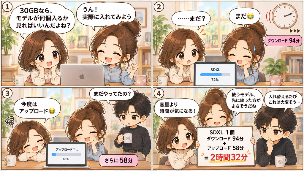 4コマ漫画。ルナとユイがConoHa AI Canvasにモデルを追加し、ダウンロード94分とアップロード58分で合計2時間32分かかったことに驚く場面